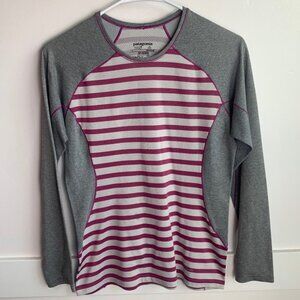 PATAGONIA Gray Pink & White Striped Midweight Capilene Long Sleeve Shirt